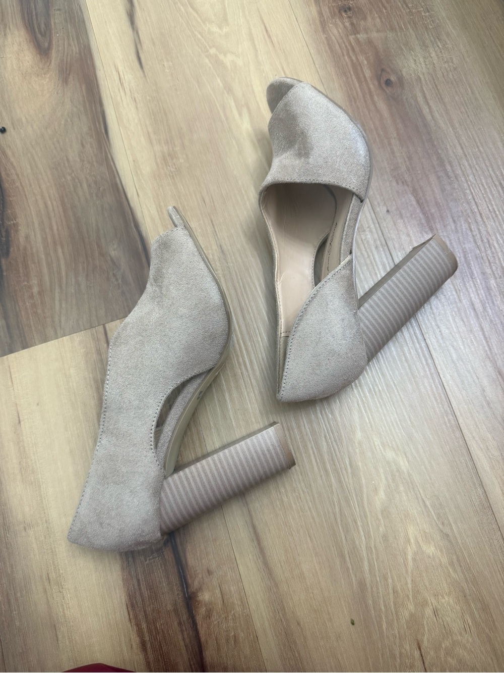 Penny Loves Kenny Taupe Suede D'Orsay Block Heel Pumps